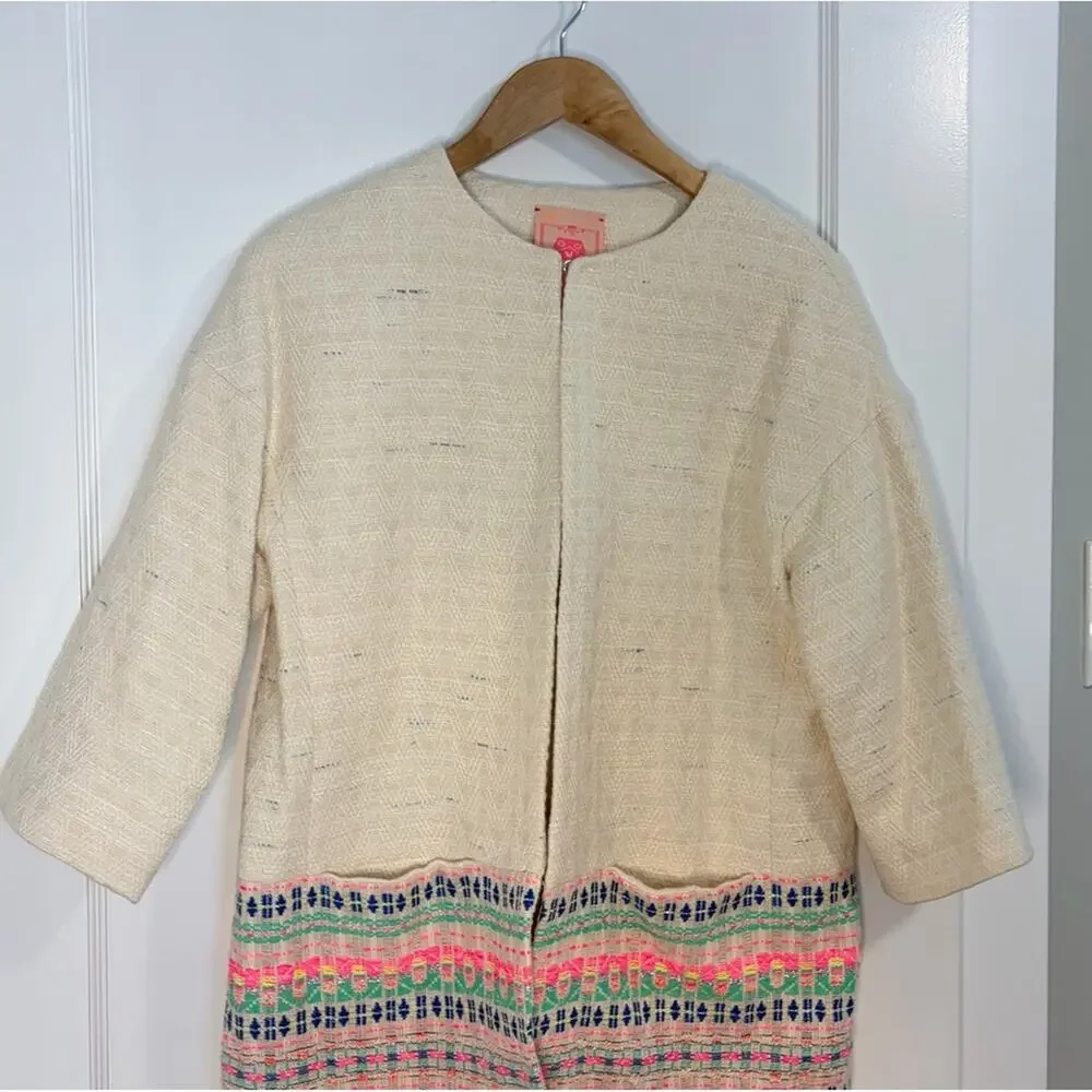 Anthropologie Vilagallo Embroidered Woven Tweed Long Jacket